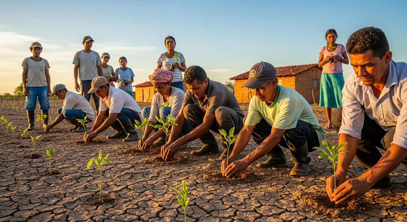 Comunidade do Sertão plantando mudas verdes em solo do Semiárido, ao pôr do sol