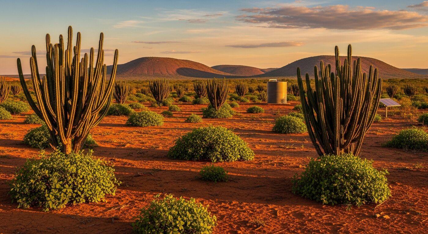 Paisagem da caatinga do Semiárido nordestino ao entardecer, com mandacarus, vegetação verde, cisterna e painel solar