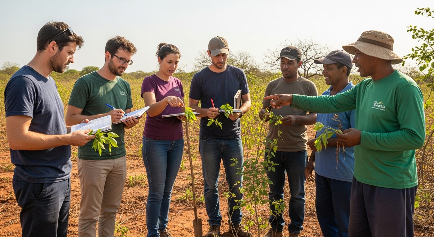 Pesquisadores e agricultores examinando plantas e amostras de solo no campo, no Semiárido